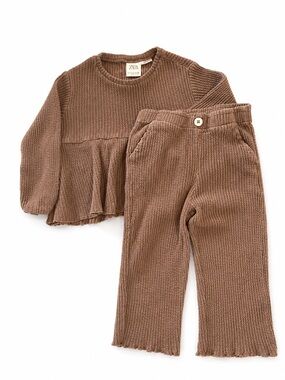 Zara Girls Brown Textured Matching Set Size 2-3 Years Long Sleeve Wide Leg Pant